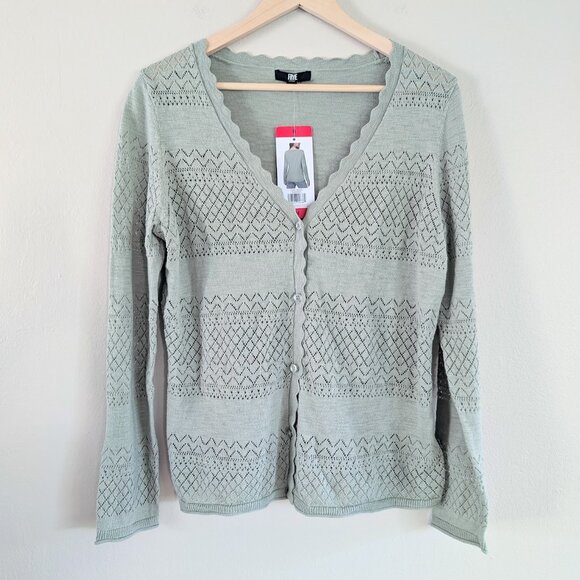 NWT Frye Pointelle Scallop Button Cardigan V-Neck Cottagecore Seafoam Green M - Picture 1 of 7